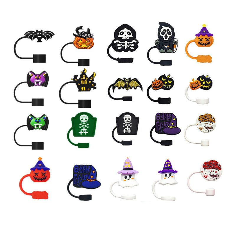 Halloween Silicone Straw Topper - Reusable 3D Ghost Skeleton Dust Cap - 6