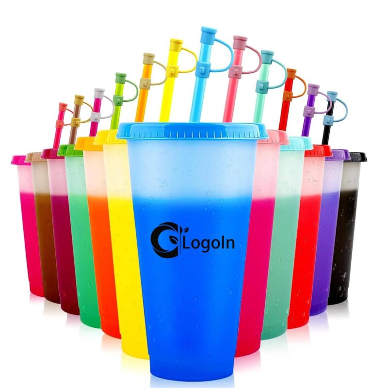 24 oz Reusable Plastic Color Changing Cup with Lid