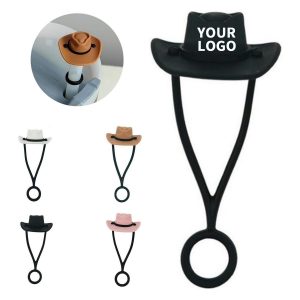 Tethered Silicone Straw Cover in a Cowboy Hat Shape