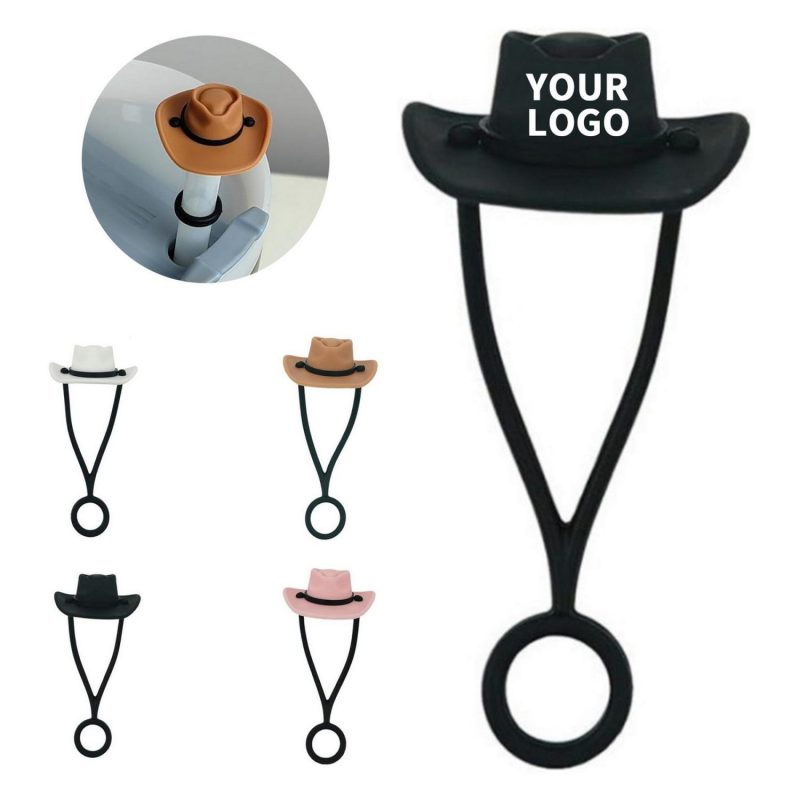 Tethered Silicone Straw Cover in a Cowboy Hat Shape
